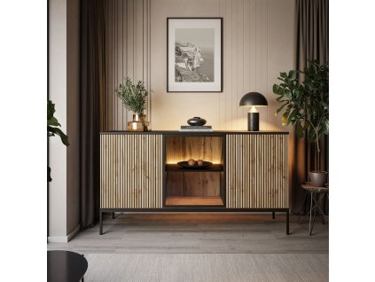 Komoda ADRIENNE s LED osvetlením + čierna matná + dub wotan 154cm