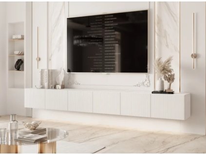 TV skrinka DOROTHY závesná 300cm biely lesk drážkovaná