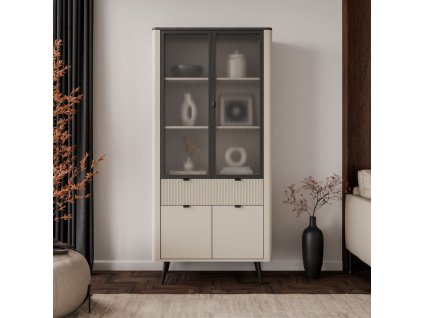 Vysoká dvojdverová vitrína NICOLA so sklom 90 cm kašmír + sivý kameň