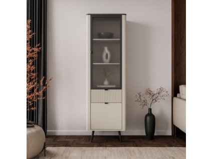 Vysoká moderná vitrína NICOLA kašmír + sivý kameň