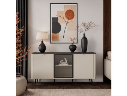 Moderná komoda NICOLA s vitrínou 160 cm kašmír + sivý kameň