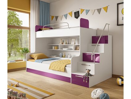 Detská poschodová posteľ DARMA + police + šuplíky biela / fialová