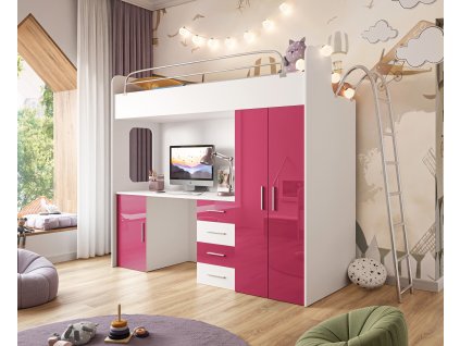 Detská poschodová posteľ DARMA II + police + skriňa + matrac  biela / ružová