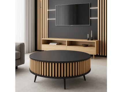 okruhly konferencny stolik eliot s lamelami cierna matna dub artisan