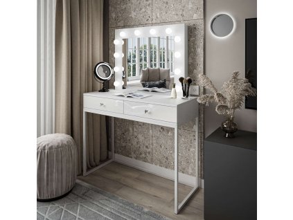 Kozmetický toaletný stolík so zrkadlom GWEN  biely lesk + biely podstavec