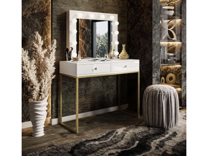 Toaletný stolík so zrkadlom GWEN  biely lesk + zlatý podstavec