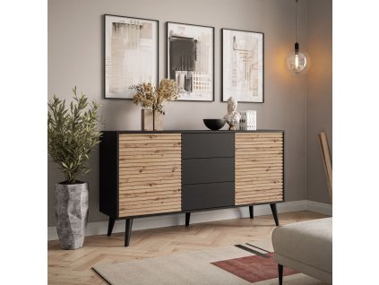 Komoda CYNTHIA so zásuvkami čierna matná + dub artisan 154 cm