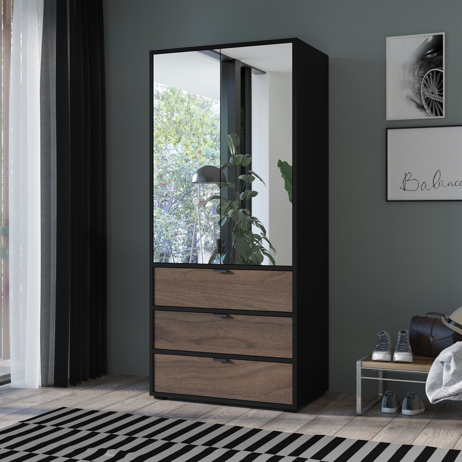 Fotografia produktu: Šatníková skriňa Cade s zrkadlom 90cm, čierna + orech