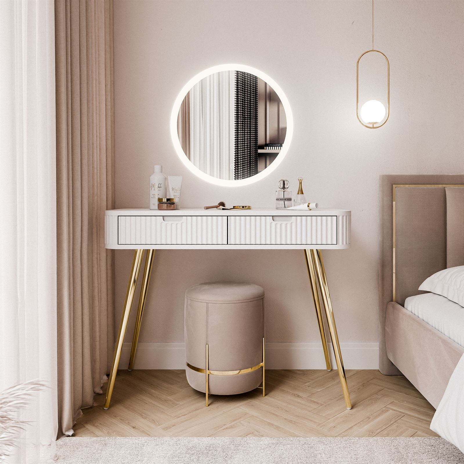 Fotografia produktu: Toaletný stolík CORA II biely + zlatá + led zrkadlo
