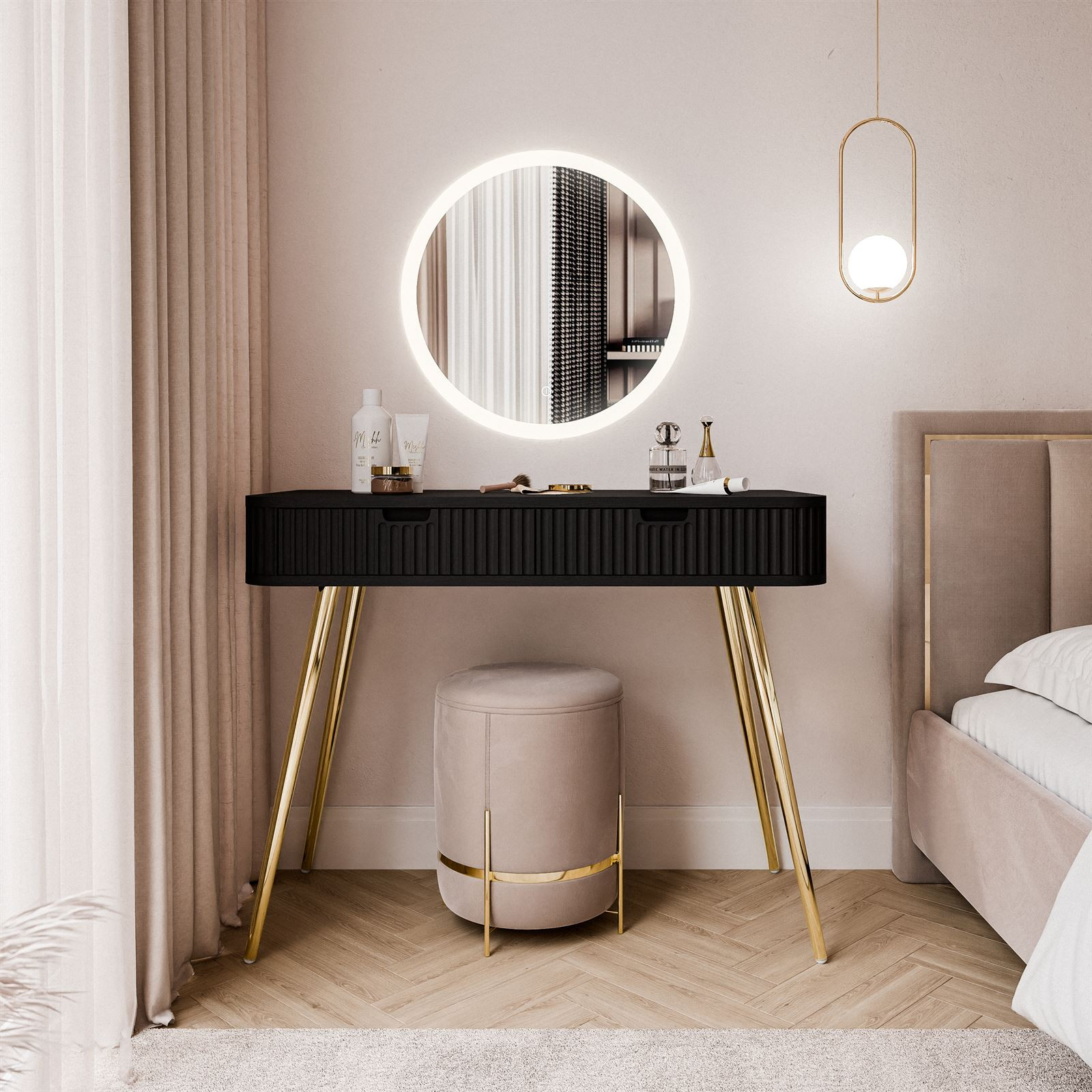 Fotografia produktu: Toaletný stolík CORA II čierny + zlatá + led zrkadlo