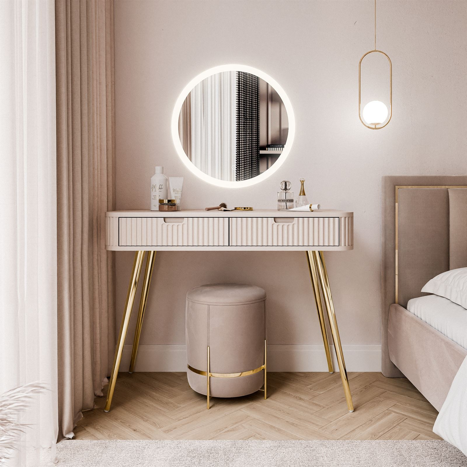 Fotografia produktu: Toaletný stolík CORA II kašmír + zlatá + led zrkadlo