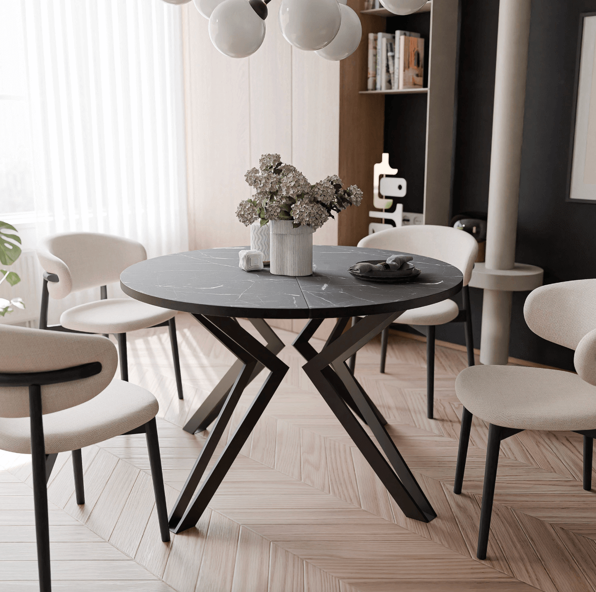 CatN Okrúhly rozkladací jedálenský stôl KODY 100-120cm čierny mramor
