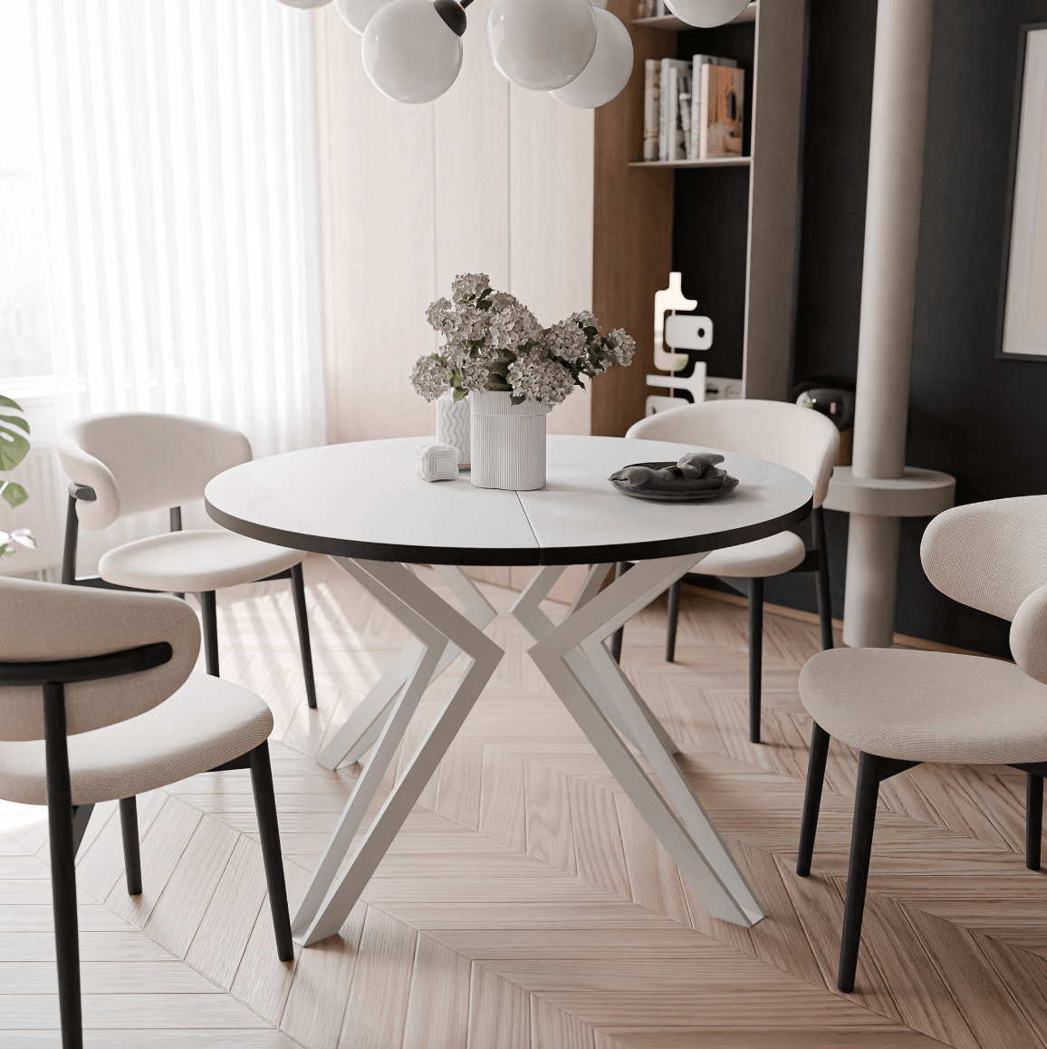 CatN Okrúhly rozkladací jedálenský stôl KODY 100-120cm arktická biela