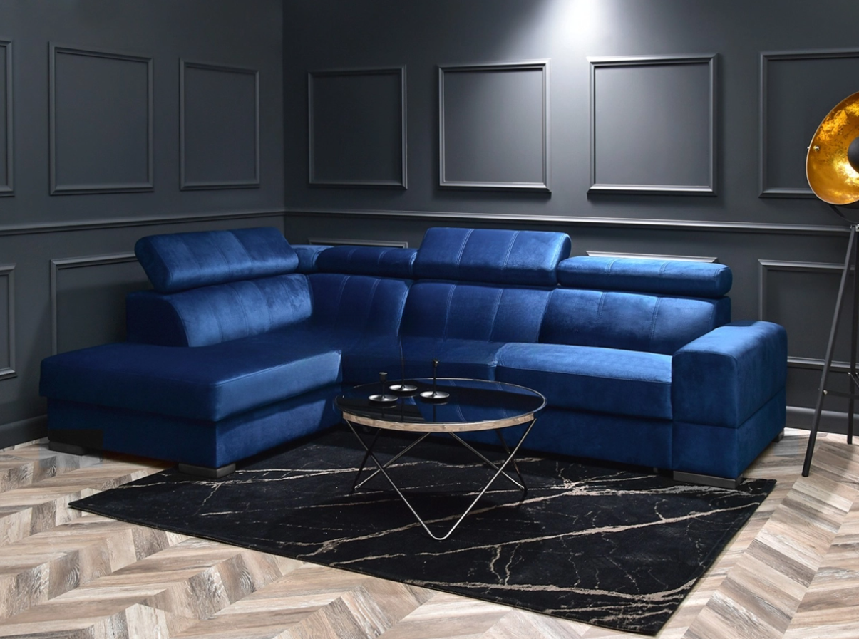 Rohová rozkladacia HAROLD tmavomodrý zamat + čierne nohy