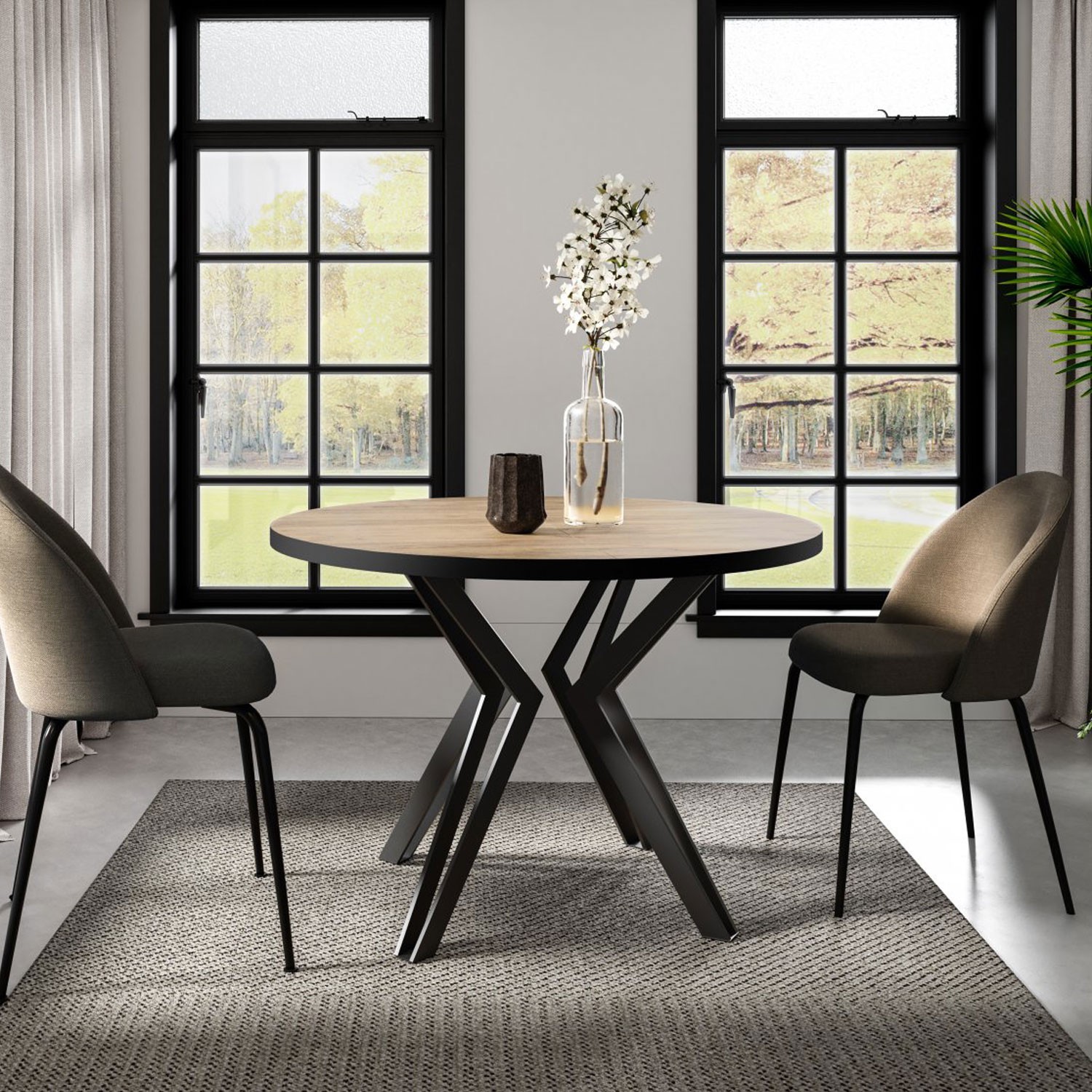 CatN Okrúhly rozkladací jedálenský stôl KODY dub sonoma + čierne nohy