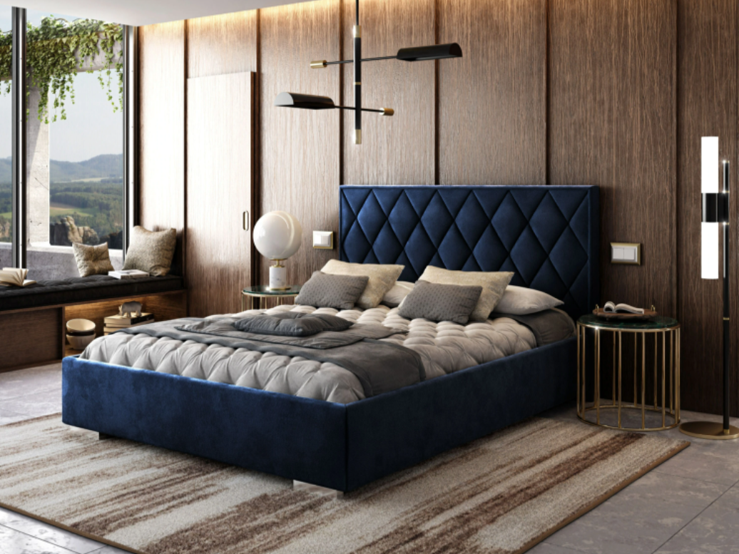 Čalúnená manželská posteľ ALEXA 160x200 s roštom modrá zamatová látka