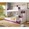 Detská poschodová posteľ DARMA + police + šuplíky biela / fialová
