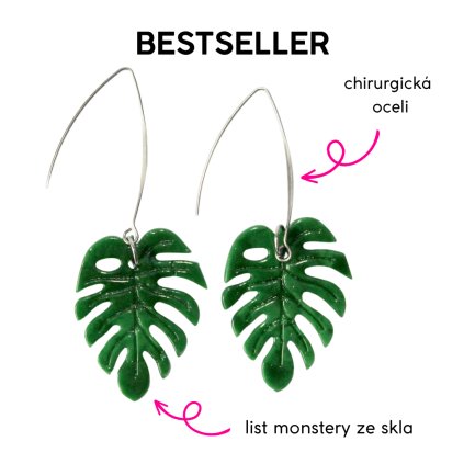 Monstera hubená sada, náušnice na dlouhém háčku