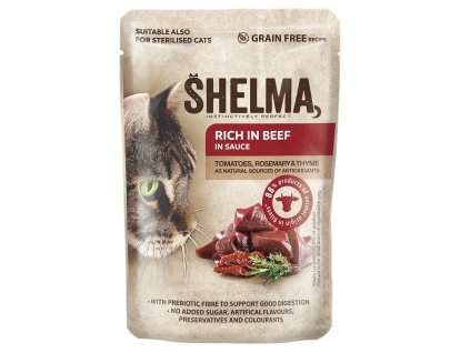 SHELMA Cat hovězí s rajčaty v omáčce 85g