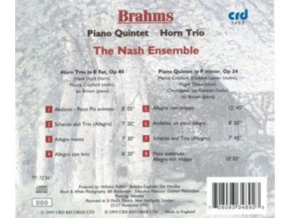 JOHANNES BRAHMS - Piano Quintet In F Minor / Horn Trio - Nash Ensemble (CD)