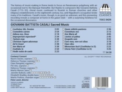 COSTANZI CONSORT - Giovanni Battista Casali: Sacred Music From Eighteenth-Century Rome (CD)