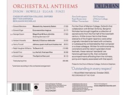 CHOIR OF MERTON COLLEGE / OXFORD / BENJAMIN NICHOLAS & BRITTEN SINFONIA - Orchestral Anthems: Elgar / Finzi / Dyson / Howells (CD)