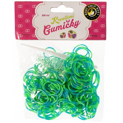 (13) Loom Bands Pletací gumičky pruhované zeleno-modré 200ks + háček