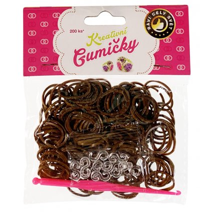 (41) Loom Bands Pletací gumičky tmavě hnědé 200ks + háček