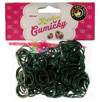 (69) Loom Bands Pletací gumičky tmavě zelené 200ks + háček