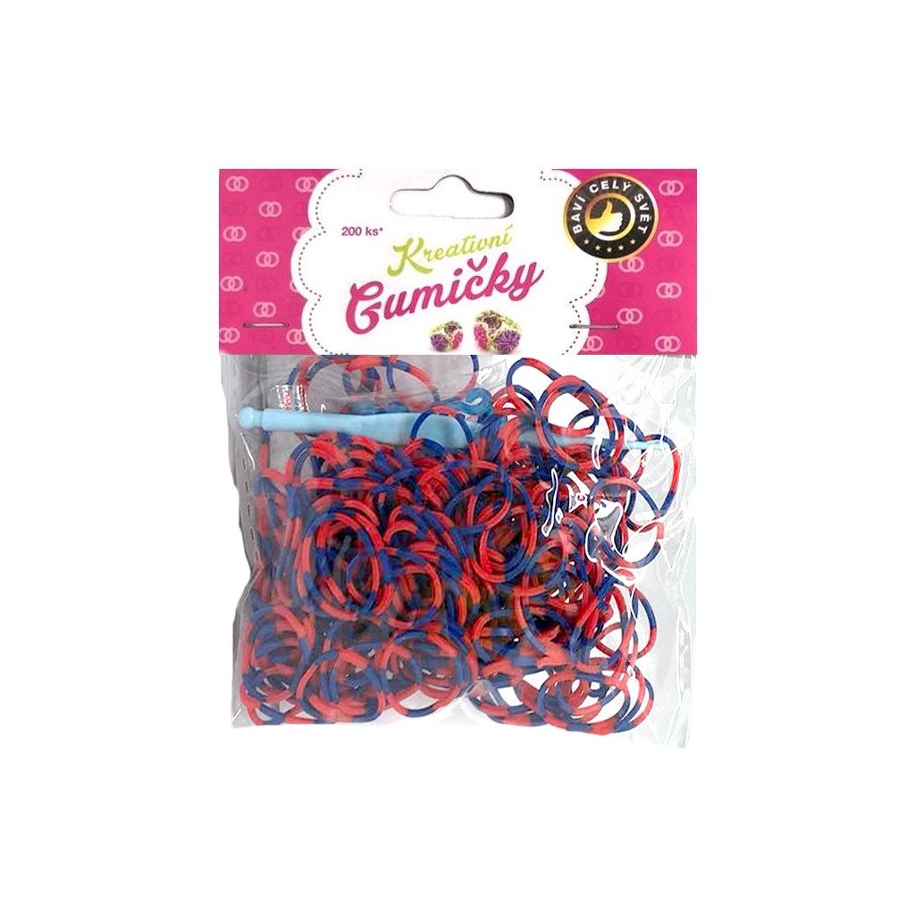Loom Bands Pletací gumičky pruhované modro-červené 200ks + háček