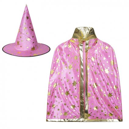 čarodějnický set klobouk plášť růžový 1