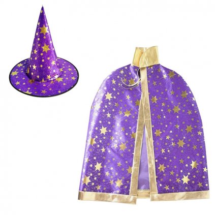 čarodějnický set klobouk plášť fialový hvězdy 1