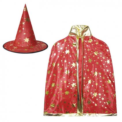 čarodějnický set klobouk plášť červený hvězdy 1