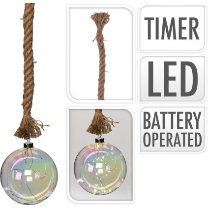 osvětlení KOULE LED pr.20cm skl.PERL.,na laně 95cm s časovačem
