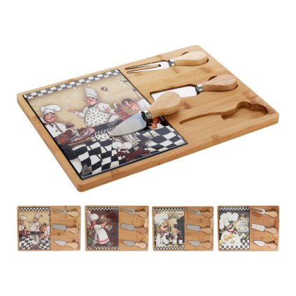 prkénko na sýr 30,5x21,5x1,2cm,2xnůž,1xvidlička,bambus/keramika,mix dekorů