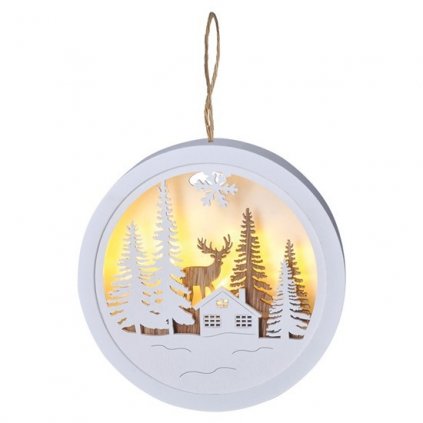 LED Vánoční závěsná dekorace kulatá les a jelen, bílá/hnědá, 14cm, 2xAAA, IP20