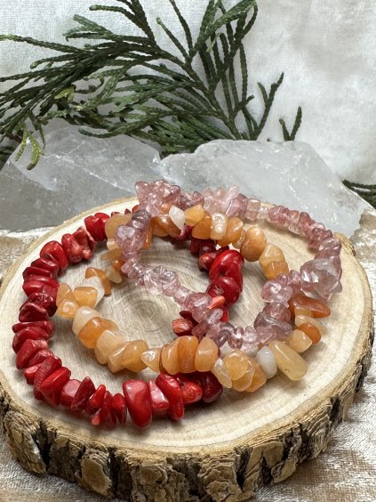 Sada náramků - červený korál, karneol, jahodový křemen
