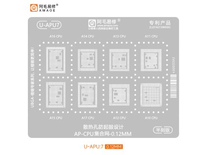 U-APU7 Ocelová šablona (stencil) 0,12 mm – iPhone 7–15 Pro Max (A10–A17 CPU)
