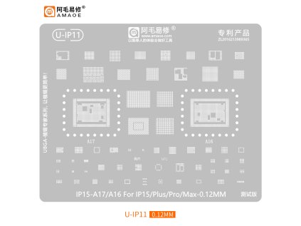 Ocelová šablona (stencil) pro reballing A16/A17 CPU, NFC i EEPROM – iPhone 15 / Plus / Pro / Max