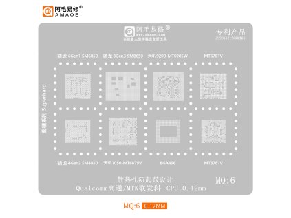Ocelová šablona (stencil) pro reballing Snapdragon 8 Gen3/6 Gen1/4 Gen2, Dimensity 9200/1050 & MT8781V – BGA496