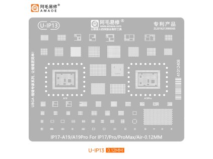 U-IP13 Ocelová šablona (stencil) pro reballing A19/A19 Pro CPU – iPhone 17 / Pro / Pro Max / Air