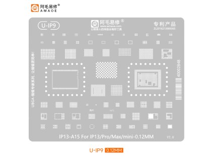 U-IP9 Ocelová šablona (stencil) pro reballing A15 CPU – iPhone 13 / mini / Pro / Pro Max