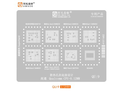 QU:9 Ocelová šablona (stencil) pro reballing Snapdragon 8 Elite/8 Gen3/8s Gen3/8 Gen2/8+ Gen1/7+ Gen2/7 Gen3 – BGA496
