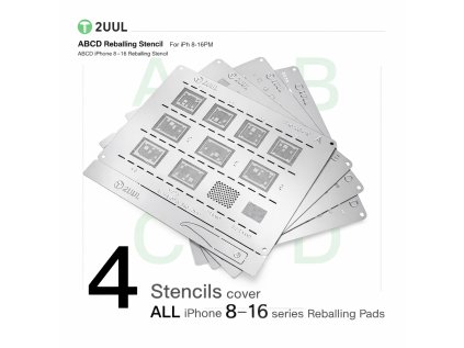 2UUL ABCD reballing stencil – univerzální šablona pro iPhone 8–16 Pro Max