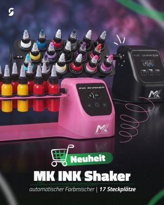 17 Fläschchen auf einmal! 😮 Ein praktischer Helfer, der Ihnen das manuelle Schütteln der Farben vor jedem Tattoo abnimmt....