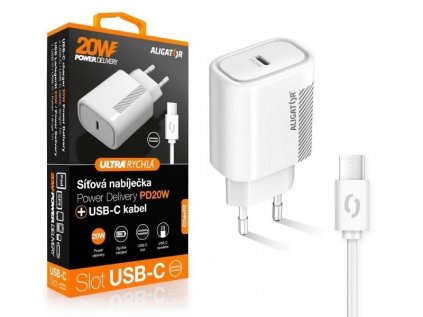 Napaječ cestovní - ALIGATOR Power Delivery 20W, USB-C výstupem a USB-C kabelem bílá