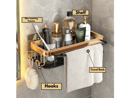 Luxury Bathroom Shelves No drill Shelf with Hooks Shower Caddy Storage Rack Shampoo Holder Toilet Organizer (1)