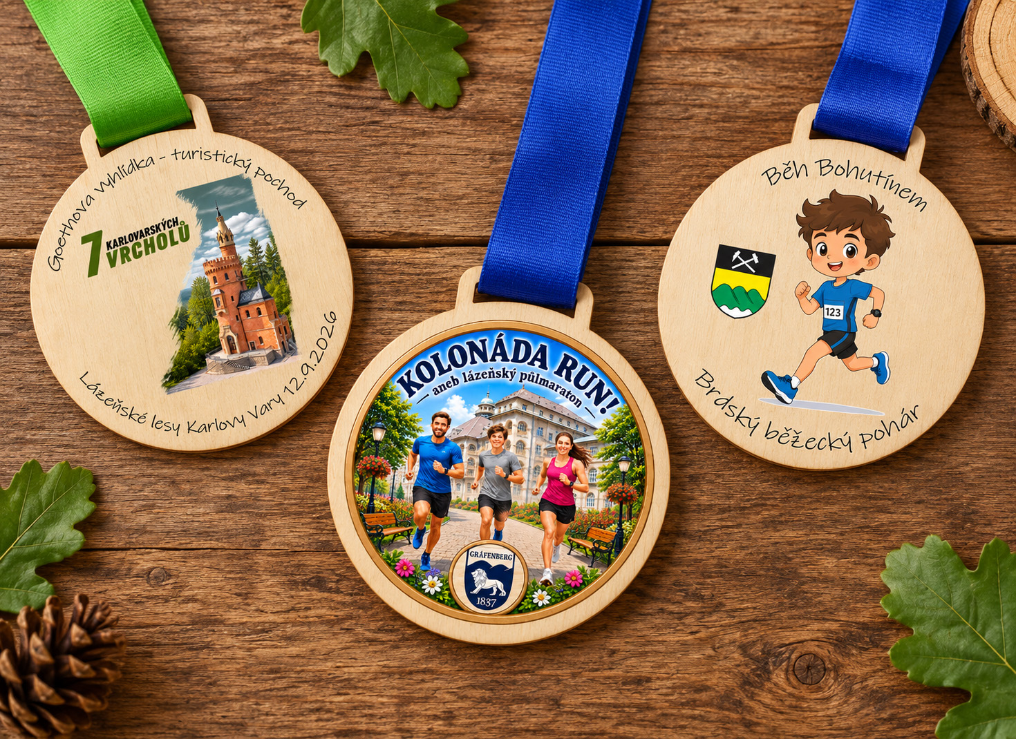 Tři dřevěné medaile se stuhou s motivy turistického pochodu, půlmaratonu a obecního běhu