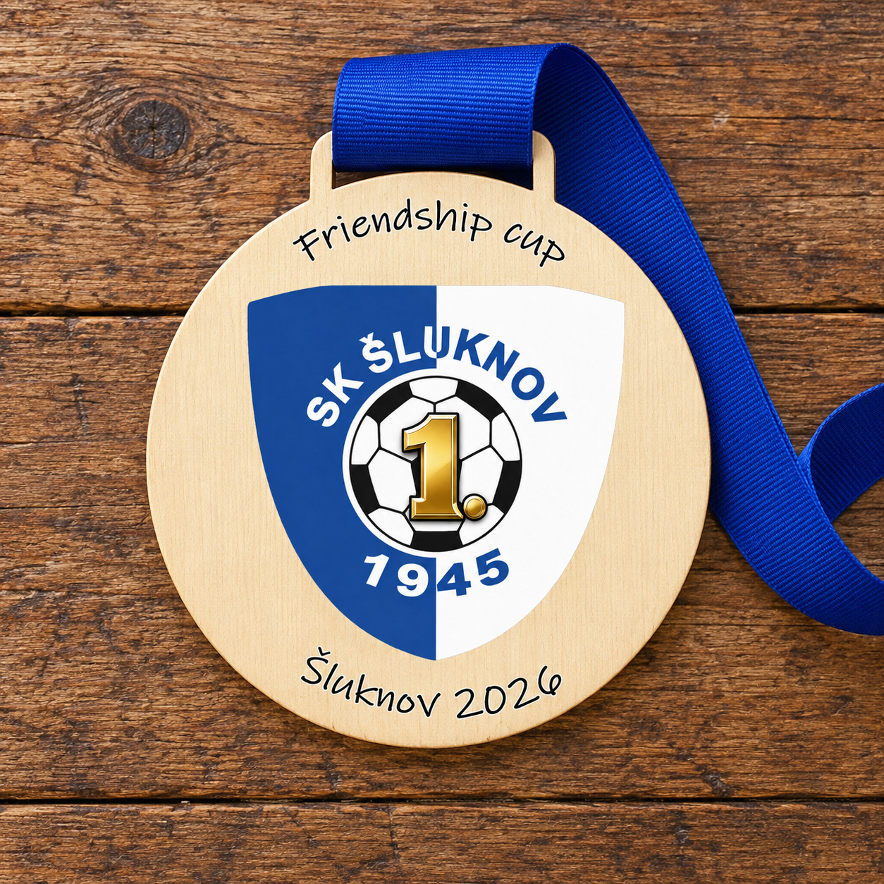 Dřevěná medaile Friendship cup s logem SK Šluknov