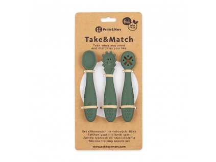 PETITE&MARS Set 3 ks silikónových tréningových lyžičiek Take&Match Misty Green 6m+